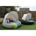 Poly Rattan Round Sun Lounger With Canopy For Outdoor Garden